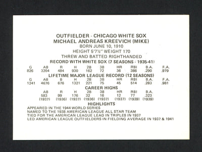 Mike Kreevich Autographed 1976 Chicago's Greats Card Chicago White Sox SKU #165794