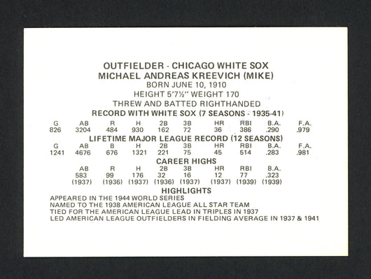 Mike Kreevich Autographed 1976 Chicago's Greats Card Chicago White Sox SKU #165794