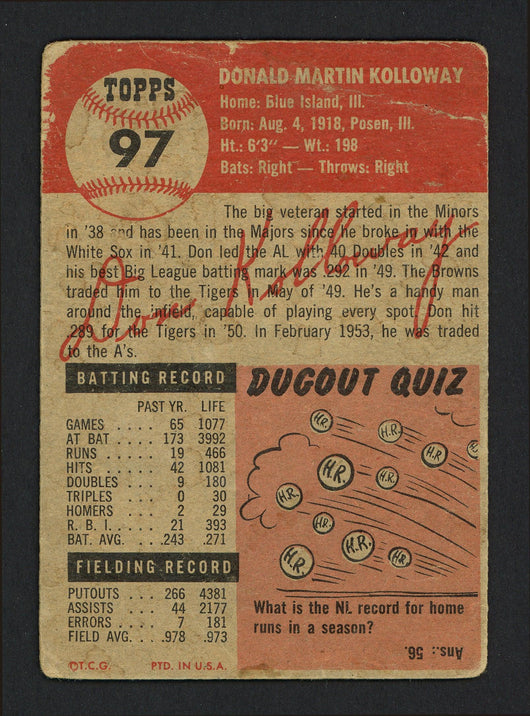 Don Kolloway Autographed 1953 Topps Card #97 Philadelphia A's SKU #164279