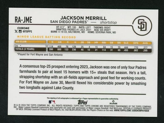 2023 Topps Chrome RA-JME Jackson Merrill Rookie San Diego Padres Auto