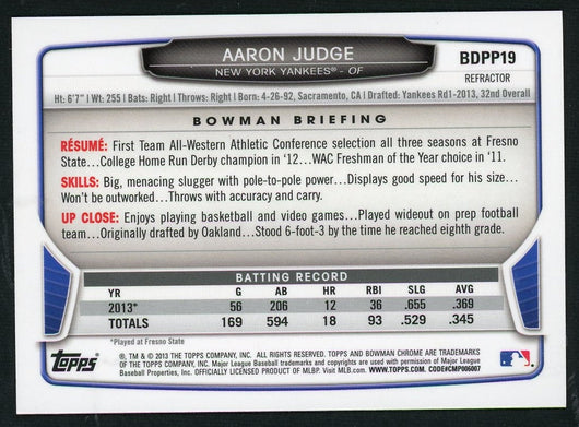 2013 Bowman Chrome BDPP19 Aaron Judge Refractor New York Yankees