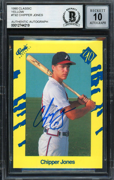 Chipper Jones Autographed 1990 Classic Rookie Card #T92 Atlanta Braves Auto Grade Gem Mint 10 Beckett BAS Stock #192889