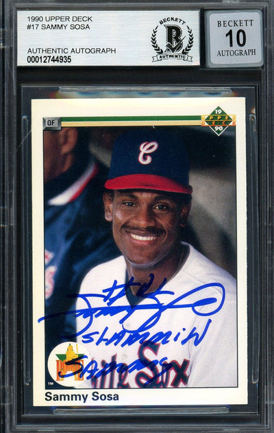 Sammy Sosa Autographed 1990 Upper Deck Rookie Card #17 Chicago White Sox Auto Grade Gem Mint 10 "Slammin Sammy" Beckett BAS Stock #192905