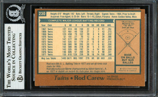 Rod Carew Autographed 1978 O-Pee-Chee Card #230 Minnesota Twins Beckett BAS #12753580