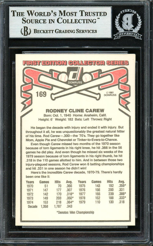 Rod Carew Autographed 1981 Donruss Card #169 California Angels Beckett BAS Stock #193229
