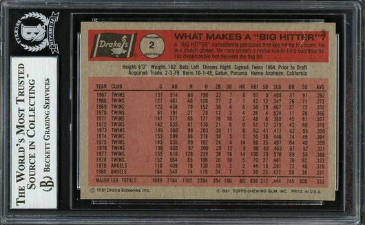 Rod Carew Autographed 1981 Topps Drakes Card #2 California Angels Beckett BAS Stock #193231
