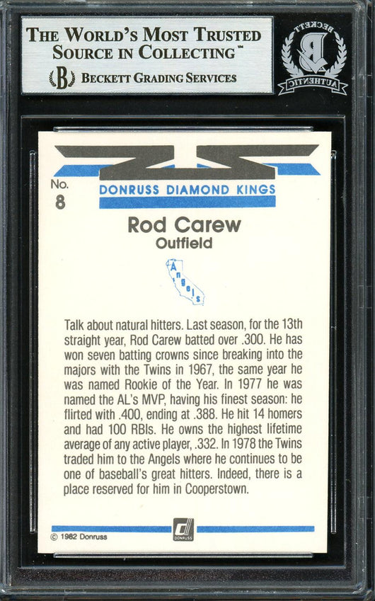 Rod Carew Autographed 1982 Donruss Diamond Kings Card #8 California Angels Beckett BAS Stock #193233