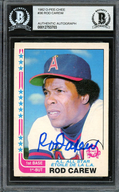 Rod Carew Autographed 1982 O-Pee-Chee Card #36 California Angels Beckett BAS #12753703