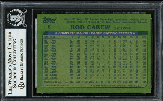 Rod Carew Autographed 1982 Topps Drakes Card #6 California Angels Beckett BAS #12753704