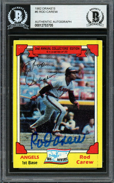 Rod Carew Autographed 1982 Topps Drakes Card #6 California Angels Beckett BAS #12753705