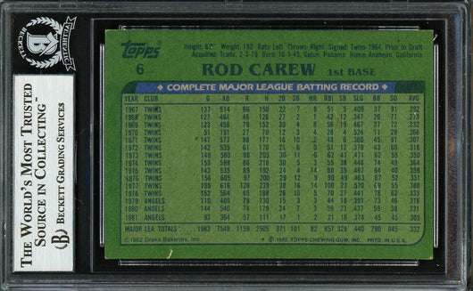Rod Carew Autographed 1982 Topps Drakes Card #6 California Angels Beckett BAS #12753707