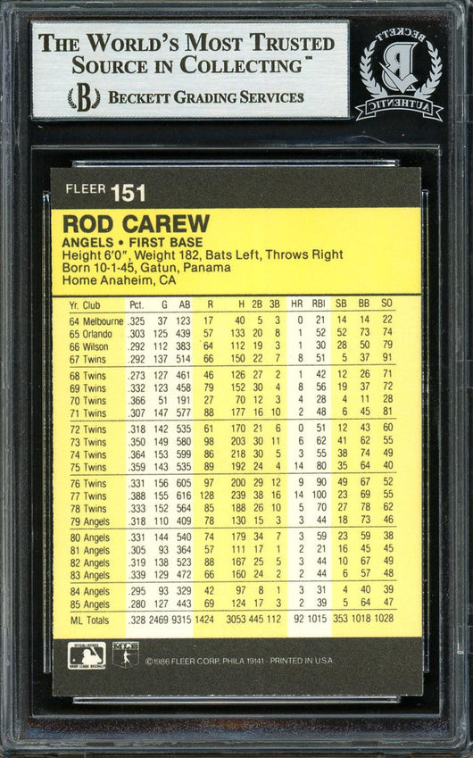 Rod Carew Autographed 1986 Fleer Card #151 California Angels Beckett BAS Stock #193245