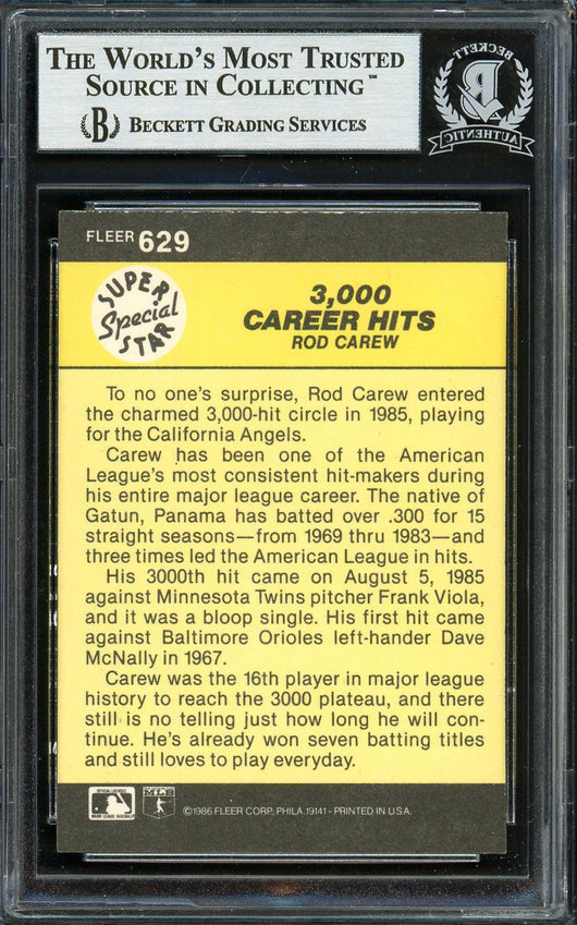 Rod Carew Autographed 1986 Fleer Card #629 California Angels Beckett BAS Stock #193246