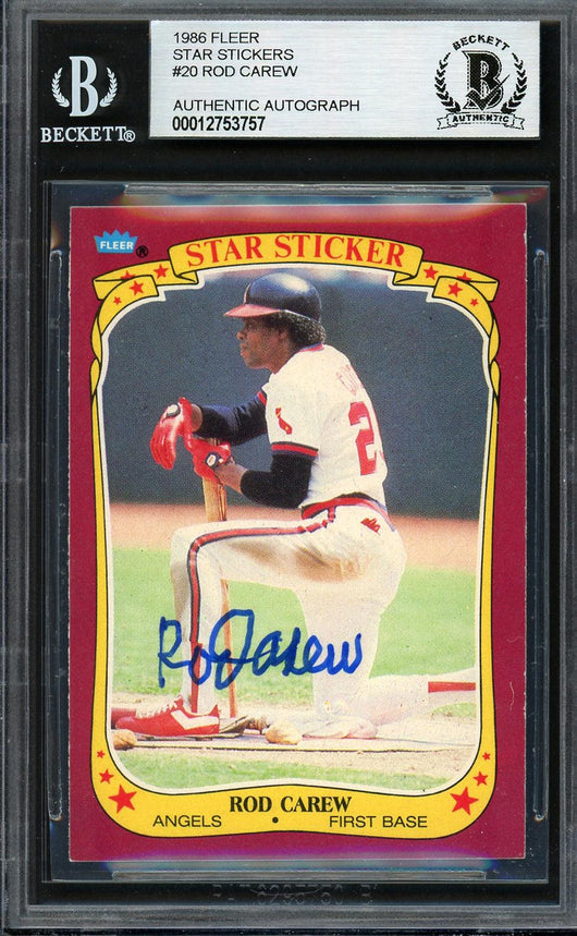 Rod Carew Autographed 1986 Fleer Star Sticker Card #20 California Angels Beckett BAS Stock #193247
