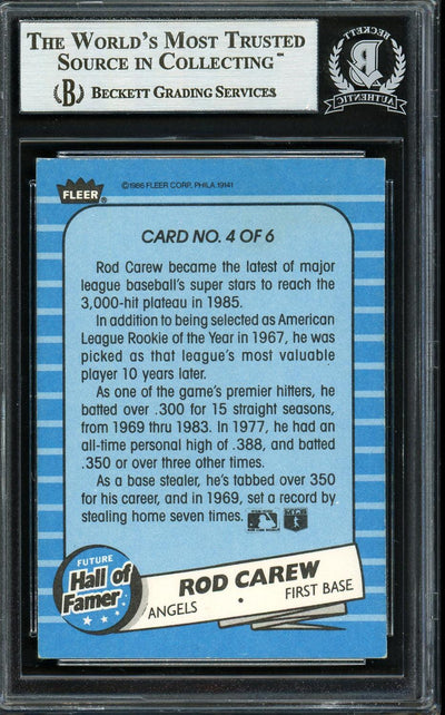 Rod Carew Autographed 1986 Fleer Future Hall of Famer Card #4 California Angels Beckett BAS Stock #193248