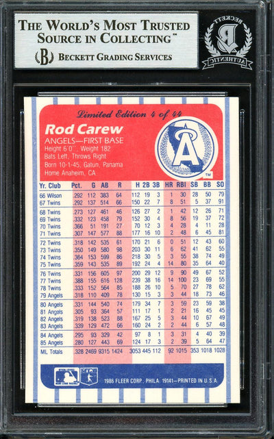 Rod Carew Autographed 1986 Fleer League Leaders Card #4 California Angels Beckett BAS Stock #193249