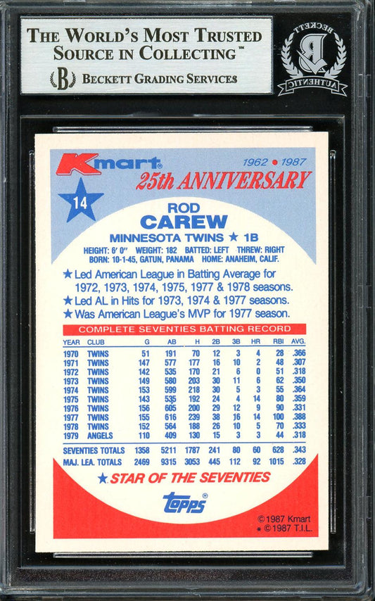 Rod Carew Autographed 1987 Topps K-Mart Card #14 Minnesota Twins Beckett BAS Stock #193254