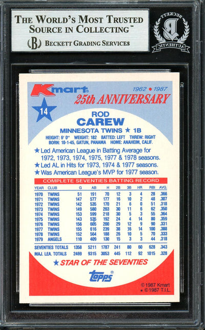 Rod Carew Autographed 1987 Topps K-Mart Card #14 Minnesota Twins Beckett BAS Stock #193254