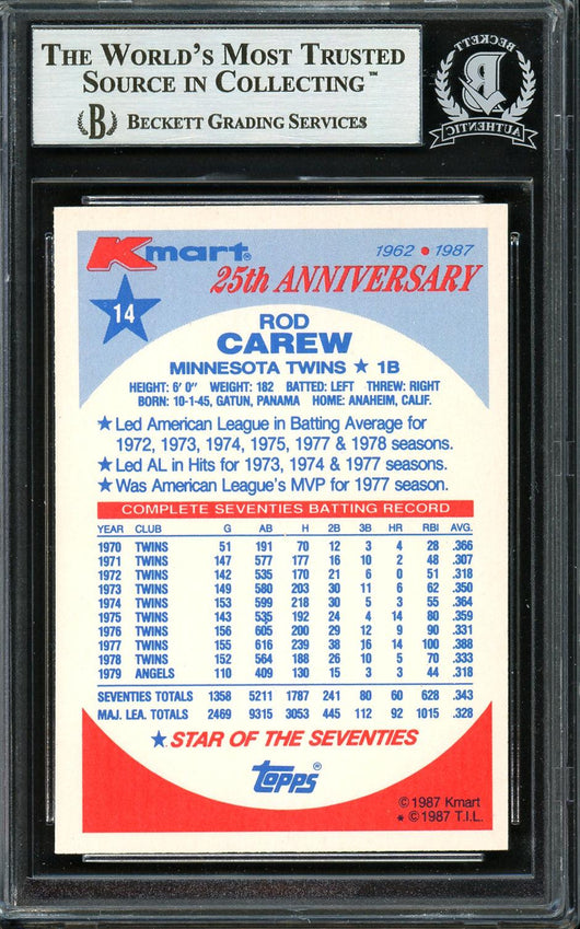 Rod Carew Autographed 1987 Topps K-Mart Card #14 Minnesota Twins Beckett BAS Stock #193254