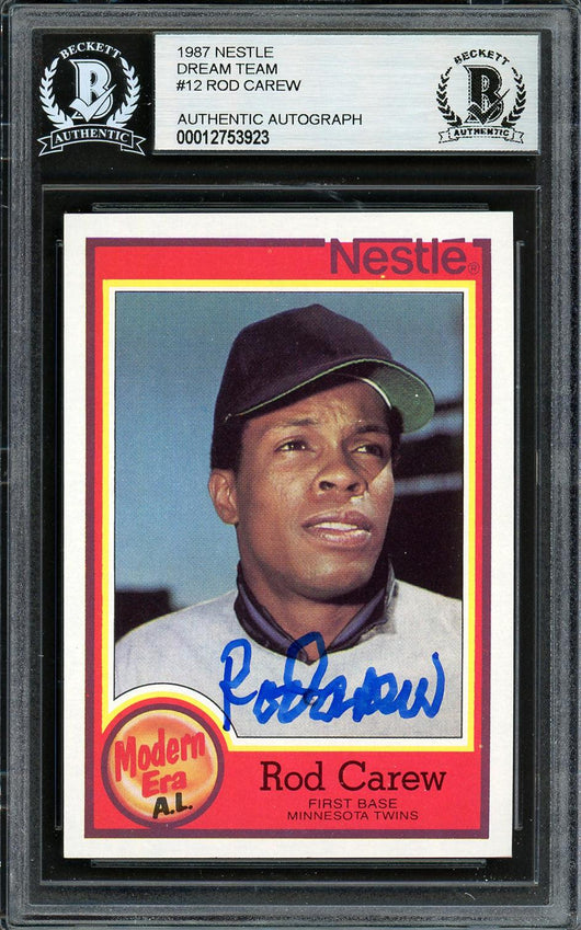 Rod Carew Autographed 1987 Topps Nestle Card #12 Minnesota Twins Beckett BAS #12753923