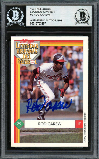 Rod Carew Autographed 1991 Kellogg's Card #2 Minnesota Twins Beckett BAS #12753957
