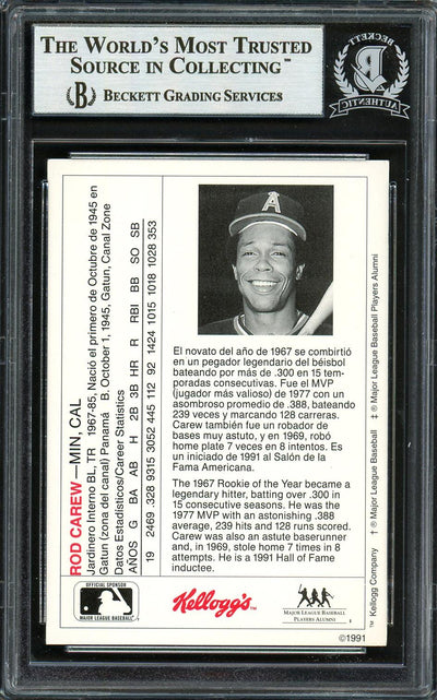Rod Carew Autographed 1991 Kellogg's Card #2 Minnesota Twins Beckett BAS #12753957