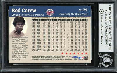 Rod Carew Autographed 2000 Fleer Greats of the Game Card #75 Minnesota Twins Beckett BAS Stock #193277