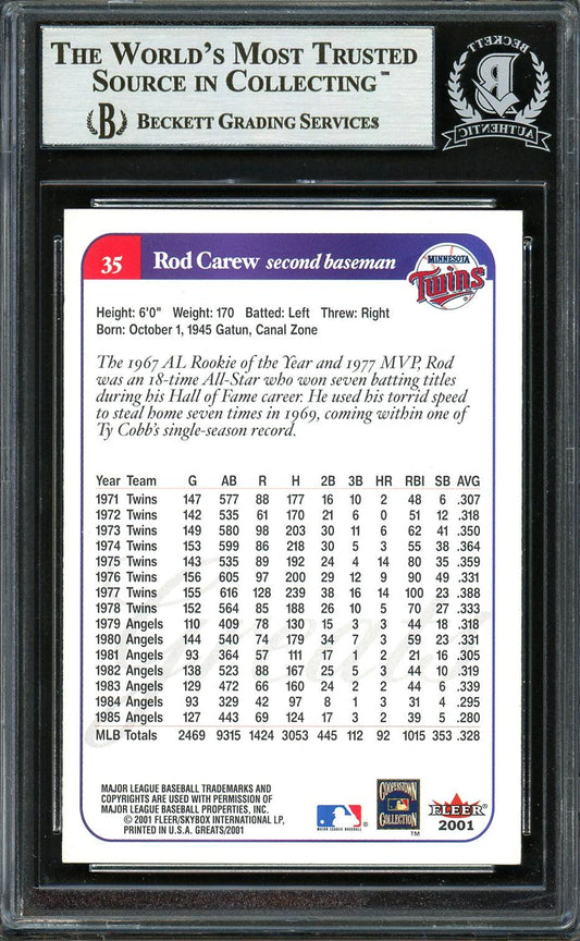 Rod Carew Autographed 2001 Fleer Greats of the Game Card #35 Minnesota Twins Beckett BAS Stock #193284