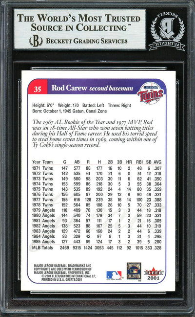 Rod Carew Autographed 2001 Fleer Greats of the Game Card #35 Minnesota Twins Beckett BAS Stock #193284