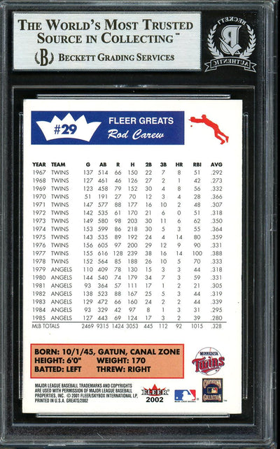 Rod Carew Autographed 2001 Fleer Greats Card #29 Minnesota Twins Beckett BAS #12754074