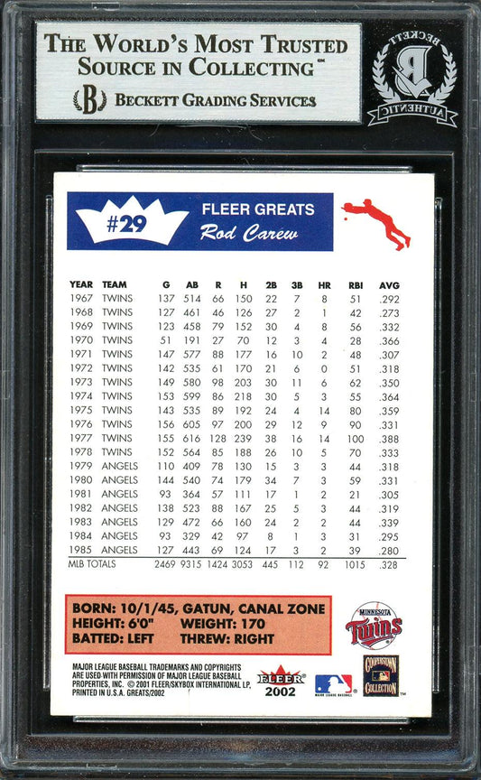 Rod Carew Autographed 2001 Fleer Greats Card #29 Minnesota Twins Beckett BAS #12754078