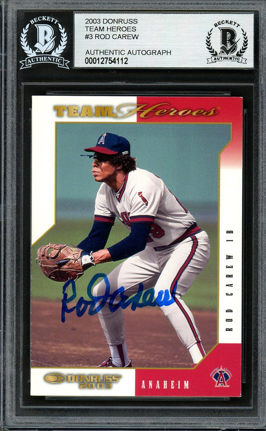 Rod Carew Autographed 2002 Donruss Team Heroes Card #3 California Angels Beckett BAS #12754112