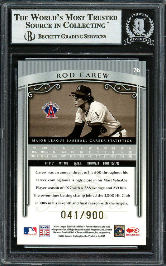 Rod Carew Autographed 2003 Donruss Timeless Treasures Card #76 California Angels #41/900 Beckett BAS #12754128