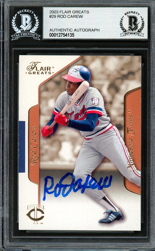 Rod Carew Autographed 2003 Fleer Flair Greats Card #29 Minnesota Twins Beckett BAS Stock #193308