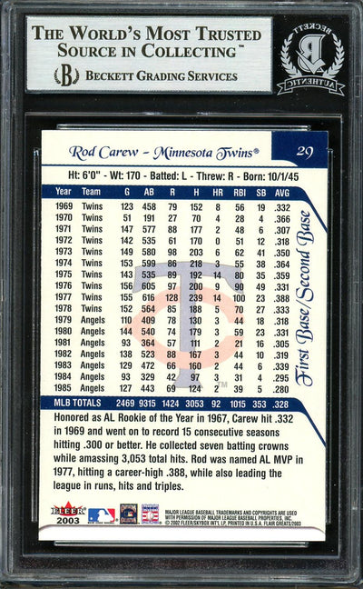 Rod Carew Autographed 2003 Fleer Flair Greats Card #29 Minnesota Twins Beckett BAS Stock #193308
