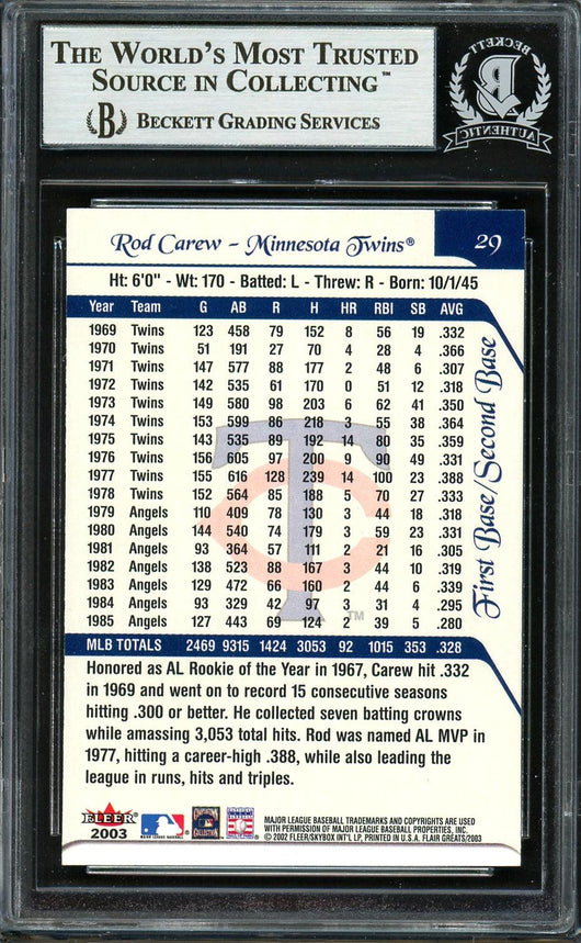 Rod Carew Autographed 2003 Fleer Flair Greats Card #29 Minnesota Twins Beckett BAS Stock #193308