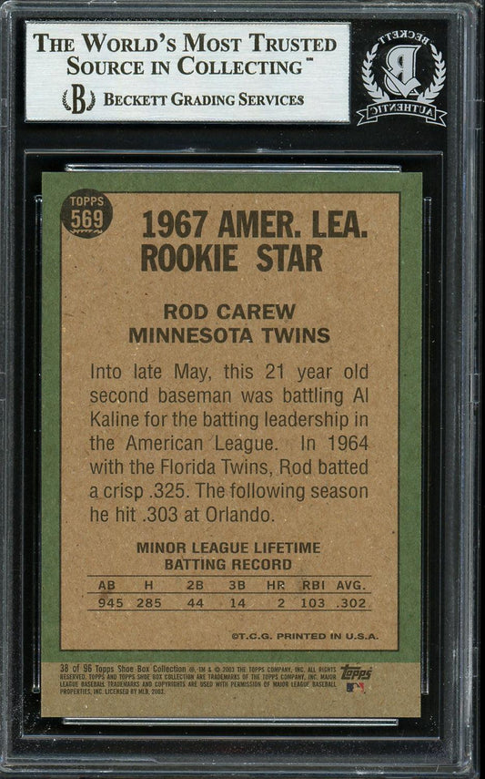Rod Carew Autographed 2003 Topps Shoe Box Card #38 Minnesota Twins Beckett BAS Stock #193309