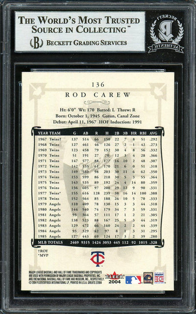 Rod Carew Autographed 2004 Fleer Greats of the Game Card #136 Minnesota Twins Beckett BAS Stock #193311