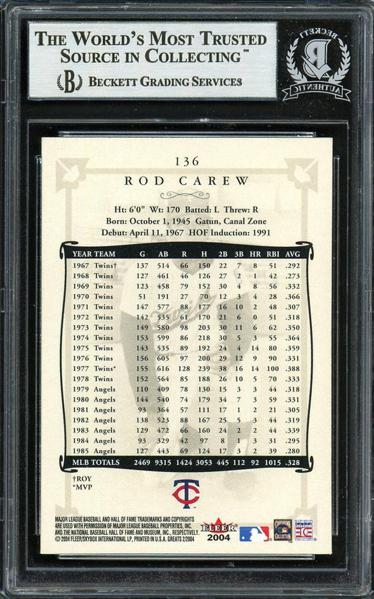 Rod Carew Autographed 2004 Fleer Greats of the Game Card #136 Minnesota Twins Beckett BAS Stock #193311