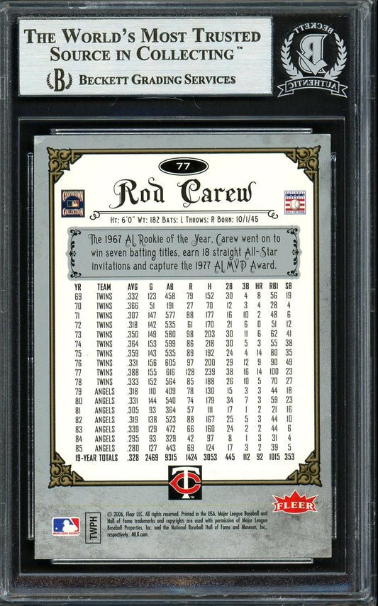 Rod Carew Autographed 2006 Fleer Greats of the Game Card #77 Minnesota Twins Beckett BAS #12754165