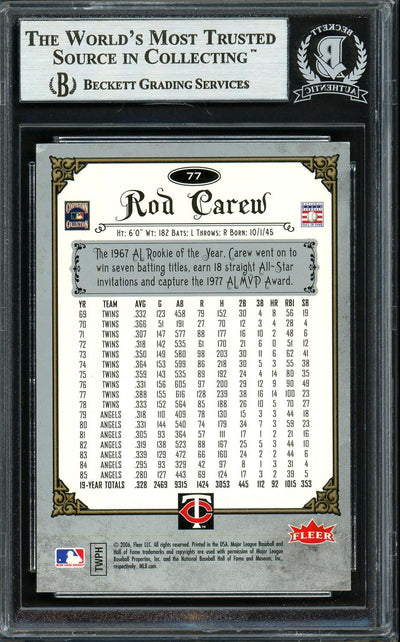 Rod Carew Autographed 2006 Fleer Greats of the Game Card #77 Minnesota Twins Beckett BAS #12754165