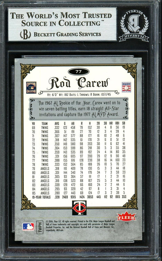 Rod Carew Autographed 2006 Fleer Greats of the Game Card #77 Minnesota Twins Beckett BAS #12754165