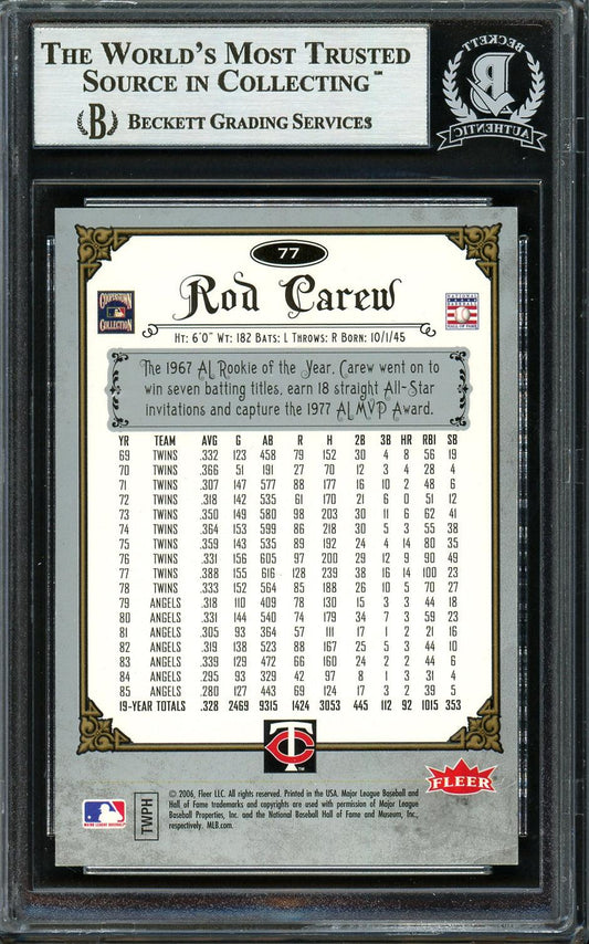 Rod Carew Autographed 2006 Fleer Greats of the Game Card #77 Minnesota Twins Beckett BAS #12754166