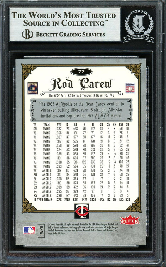 Rod Carew Autographed 2006 Fleer Greats of the Game Card #77 Minnesota Twins Beckett BAS #12754166