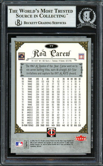 Rod Carew Autographed 2006 Fleer Greats of the Game Card #77 Minnesota Twins Beckett BAS #12754167