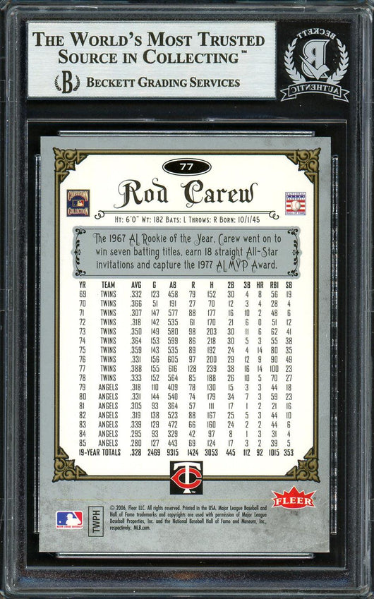 Rod Carew Autographed 2006 Fleer Greats of the Game Card #77 Minnesota Twins Beckett BAS #12754167