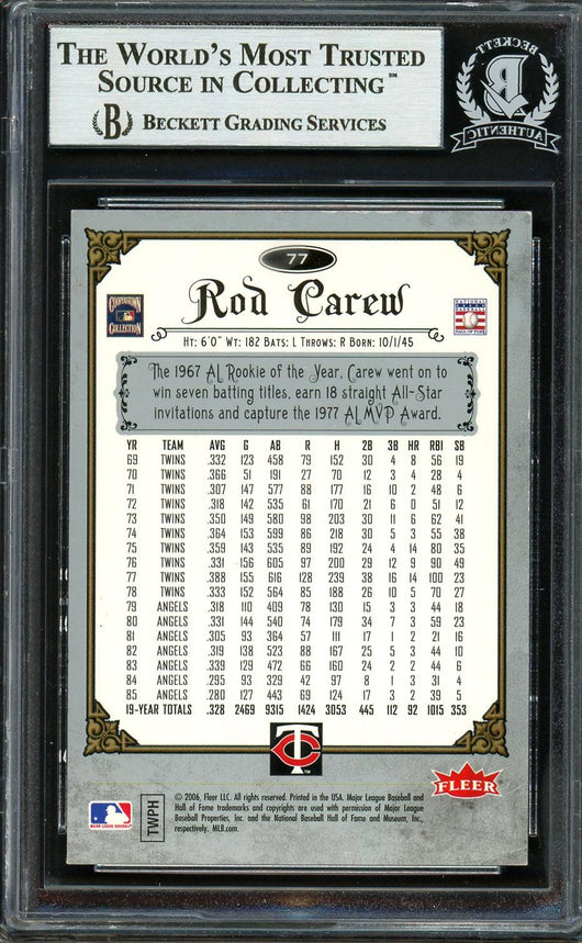 Rod Carew Autographed 2006 Fleer Greats of the Game Card #77 Minnesota Twins Beckett BAS #12754168