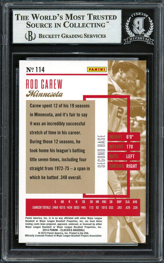 Rod Carew Autographed 2014 Panini Classics Card #114 Minnesota Twins Beckett BAS Stock #193355