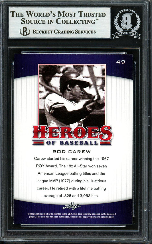 Rod Carew Autographed 2015 Leaf Heroes of Baseball Card #49 Minnesota Twins Beckett BAS #12754315