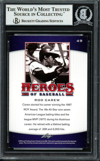 Rod Carew Autographed 2015 Leaf Heroes of Baseball Card #49 Minnesota Twins Beckett BAS #12754315
